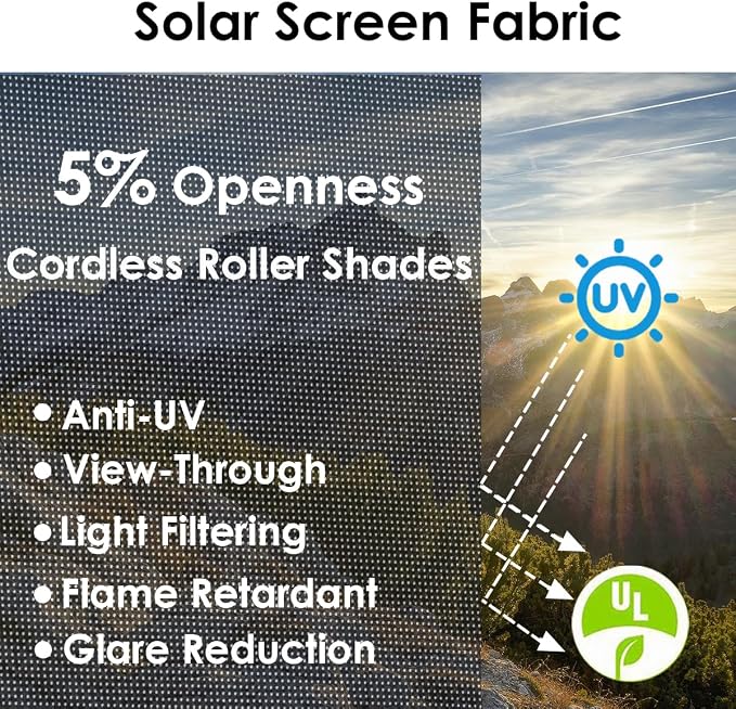 Cordless Roller Shades for Windows,Light Filtering Pull Down Blinds,Solar Screen Door Blinds,Flame Retardant UV Protection Fabric for Home Office (44" W x 72" H,Solar Black)