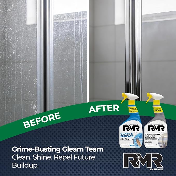 RMR Gleam Team Bundle – Glass & Surface Cleaner + Repellent and Stainless Steel Cleaner Polish, 2-Step Cleaning System for Windows, Shower Doors, Appliances, Faucets & Mirrors, 2–32 Oz Bottles