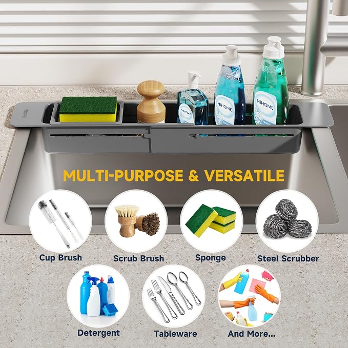 NiHome Extendable Sink Kitchen Organizer, Extra Long Telescopic Brush Storage Rack for Sponge, Non-Slip Pads Expandable Sink Caddy, Adjustable Brush Rack with Drainage Durable ABS (Dark Gray)
