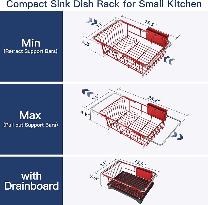 JASIWAY Red Dish Drying Rack in Sink, Expandable Stainless Steel Dish Drainers with Drainboard for Kitchen Counter, Space Saving Dish Dryer Rack, Over The Sink Dish Racks with Utensil Holder