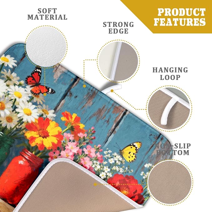 Floral Dish Drying Mat Small for Kitchen Counter 16x18, Spring Summer Farmhouse Decorative Absorbent Reversible Microfiber Kitchen Countertop Protector Dishes Drainer Pad