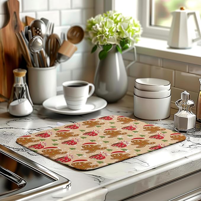 Christmas Gingerbread Man Dish Drying Mat for Kitchen Counter 16x18 Inch Winter Cute Candy Cane Hot Cocoa Xmas Tree Microfiber Drying Mats Orange Super Absorbent Dish Drainer Mats Washable Dish Pad