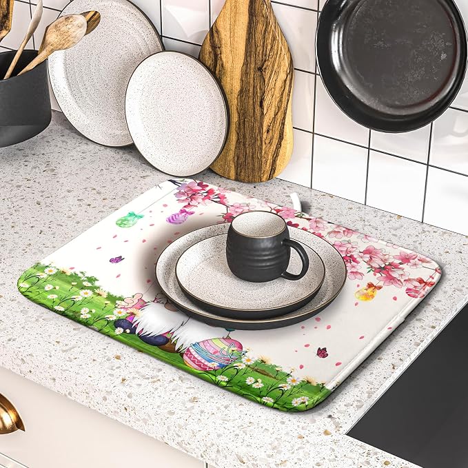 Giwawa Easter Gnome Dish Drying Mat Floral Eggs Bunny Kitchen Drainer Mat 16x18 inch Absorbent Holiday Fast Dry Pad Protector for Counter Tabletop