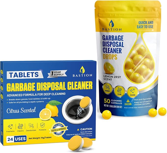 Bastion Garbage Disposal Cleaner Deodorizer Bundle - 24 Pack Disposer Tablets + 50 Count Lemon Zest Disposal Cleaning Drops