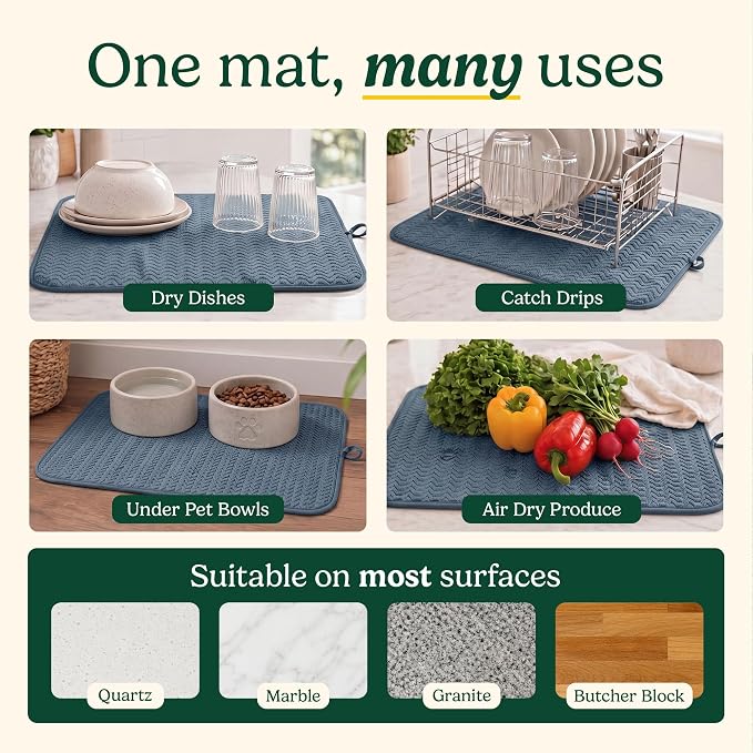 Cuisinart Dish Drying Mat for Kitchen Counter - 2-Pack XL 18x24 Ultra Absorbent Microfiber Dish Mat - Fast Drying, Machine Washable, Foldable Countertop Pad - Safe for Granite & Quartz