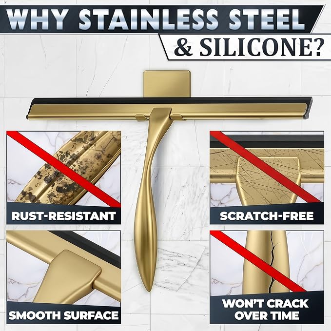 Gold Squeegee for Shower Glass, 12" Silicone Blade, Stainless Steel | Shower Door Squeegee with Hook, Adhesive Mount; All-Purpose Bathroom Tile, Mirror, & Window Wiper for Streak-Free Cleaning