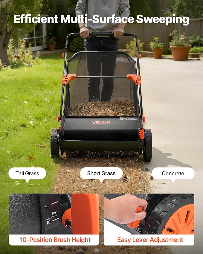 VEVOR Push Lawn Sweeper 26 in Leaf & Grass Collector 7 cu. ft. Hopper Bag | Heavy Duty Yard Sweeper with Adjustable Brush Height, Spinning Brushes, Rubber Wheels for Leaves Grass Cleanup, Black/Orange