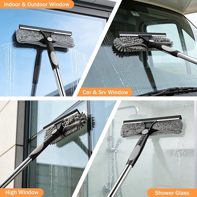 SetSail Window Squeegee with 66in Extension Pole 2-in-1 Window Cleaning Kit | Professional Window Cleaner Tool for Outdoor Indoor Car Windows Glass, Rotatable Head and 2 Scrubbers, Black Grey