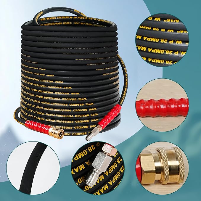 Hourleey Kink Resistant Pressure Washer Hose 100FT, High Tensile Wire Power Washer Hose with 3/8 Inch Quick Connect, 4000 PSI