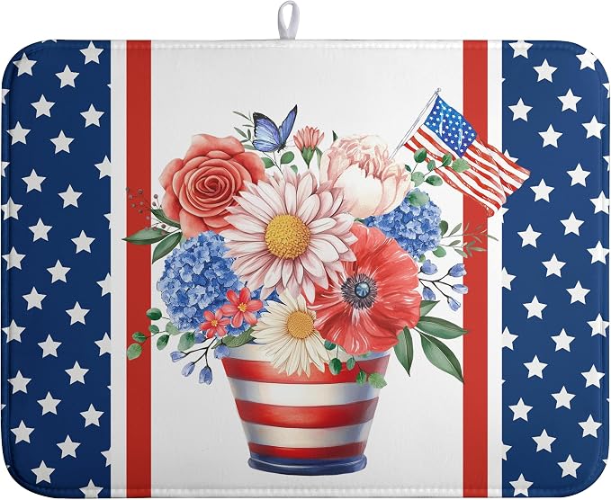 Patriotic Floral Summer Dish Drying Mats 4th of July Butterfly Flowers Dish Mat Kitchen Large Drying Matt Dishes Dryer Pad for Kitchen Counter Absorbent Microfiber Washable Foldable Reusable 18x24 in
