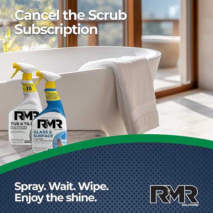 RMR Flawless Finish Bathroom Bundle – Tub & Tile Cleaner + Glass & Surface Cleaner Plus Repellent, 2-Step System for Shower, Tub, Tile, Grout, Glass Doors, & Mirrors, 2–32 Oz Bottles