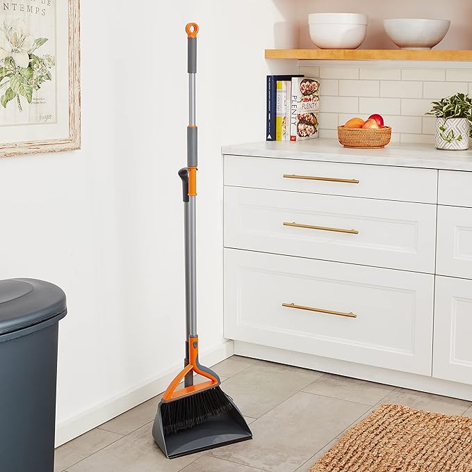 Casabella Quick 'n Easy Upright Broom and Dustpan Set, Multi-Surface for Tile, Wood & Laminate Floors, Gray