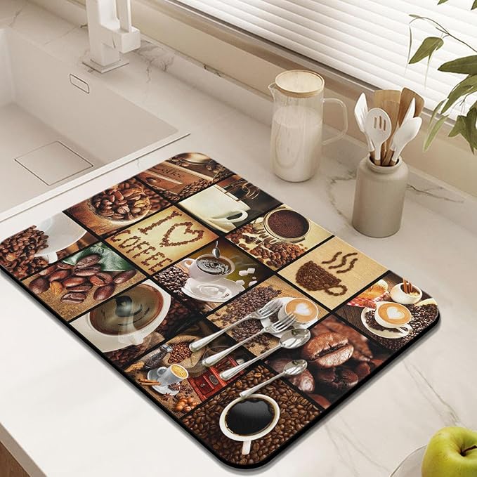 Coffee Bar Mat Accessories for Countertop Super Absorbent Anti-Slip Silicone Flower Dish Drying Mats for Kitchen Counter Draining Pad Decor Gift Fit Coffee Maker Espresso Machine 24inx18in