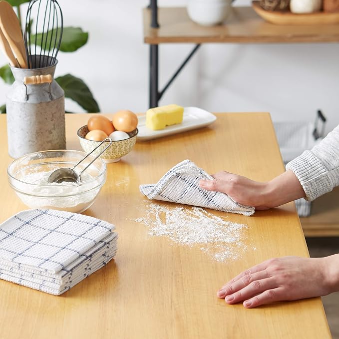 DII Scrubber Dishcloths Collection Windowpane Dishrag Set, 12x12, White/Stonewash Blue Stripe, 6 Piece