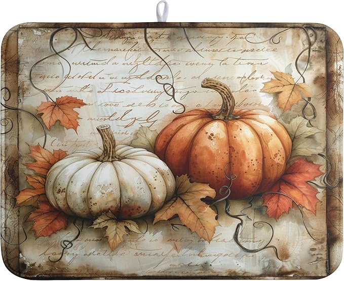 Fall Pumpkin Dish Drying Mats for Kitchen Counter 18x24 Inch Vintage Maple Leaves Dishes Drying Mat Seasonal Autumn Dish Drainer Mats Microfiber Absorbent Dish Drying Pads with Hanging Loop