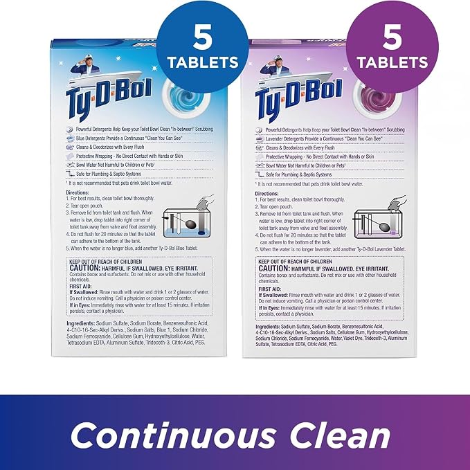 Ty-D-Bol Bleach-Free Toilet Bowl Cleaner Tablets, Lavender & Blue, 10 Pack | 1.4 oz, Fights Hard Water Stains, Fights Mineral Buildup, Fights Limescale, Variety Pack of 10 tablets