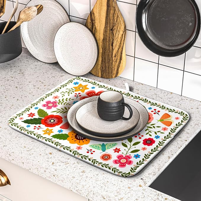 Colorful Boho Floral Dish Drying Mat 16x18 Inch Dishes Dry Pad Drainer Rack Mats Absorbent Hanging Loop Kitchen Counter Bar Accessories