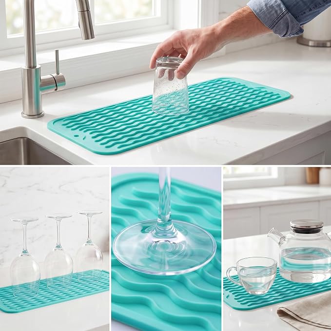 MicoYang Silicone Dish Drying Mat for Multiple Usage,Easy clean,Eco-friendly,Heat-resistant Silicone Mat for Kitchen Counter,Sink,Bar,Bottle,or Cup Mint M 17 inches x 6 inches
