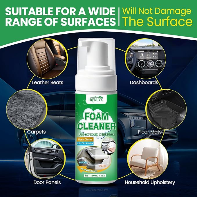 Multifunctional Car Foam Cleaner, No-Rinse Stain Remover, Powerful Auto Interior Detailing Spray for Carpet, Seats, Leather, Fabric & Vinyl, Safe for All Surfaces - 5oz / 150ml
