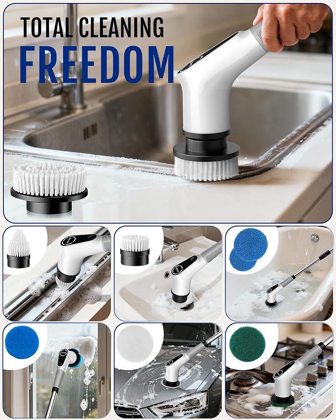 Dovety Electric Spin Scrubber, Shower Scrubber, Power Cleaner Tools with 8 Replaceable Brush Heads, Cleaning Brush with Extension Handle, 2 Adjustable Speeds, 90Mins Work Time for Home Bathtub-White