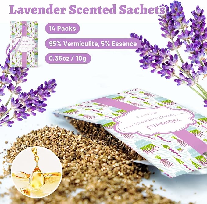 STRN Scented Sachets for Drawer and Closet, Lavender Scent 14 Pack for Home | Long-Lasting Sachets, Small Space Air Freshener for Wardrobes