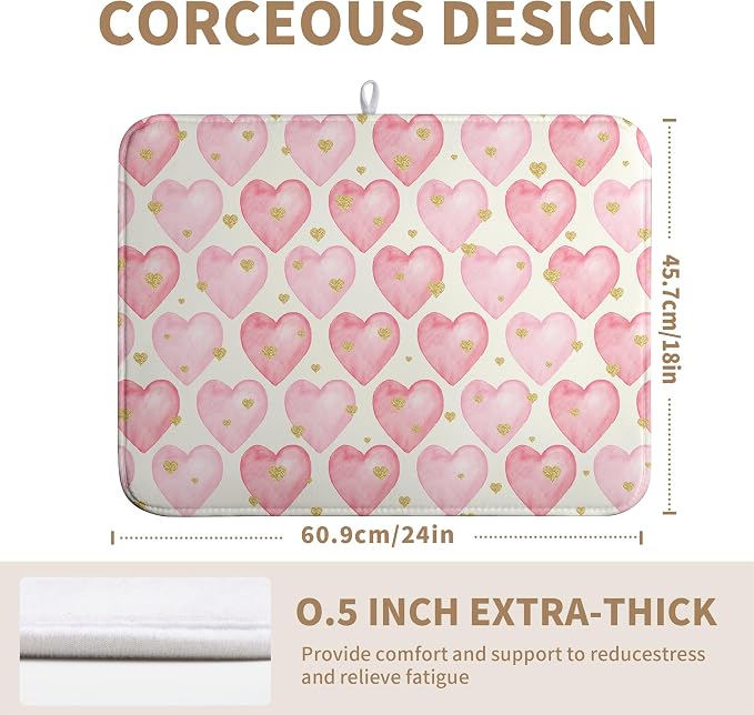 Valentines Dish Drying Mat Valentine Dishes Drying Pad Pink Golden Heart Love Absorbent Dish Dryer Matt for Kitchen Countertops Microfiber 18x24 Inches