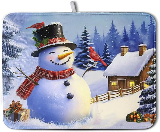 Christmas Snowman Kitchen Drying Mat - Winter Snow Cardinals Pine Trees Dish Drainer - Large Microfiber Absorbent Fast Drying Pad for Kitchen Countertop 1824