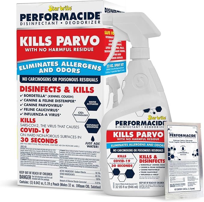 PERFORMACIDE No-Rinse Disinfectant / Deodorizer for Pet Surfaces | Kills Parvovirus, Ringworm, Feline Calicivirus, Avian Influenza (Bird Flu) Eco Friendly, Naturally Dissipates, Refillable, 32 OZ Kit