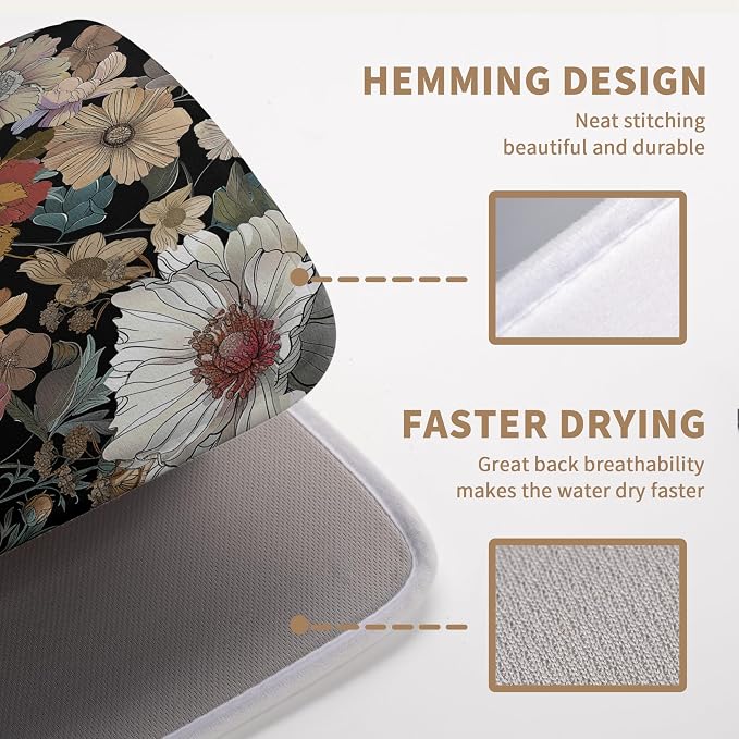 Spring Boho Floral Dish Drying Mats Spring Summer Vintage Flowers Dish Mat Farmhouse Drying Matt Dishes Dryer Pad for Kitchen Counter Absorbent Microfiber Washable Foldable Reusable 18x24 in