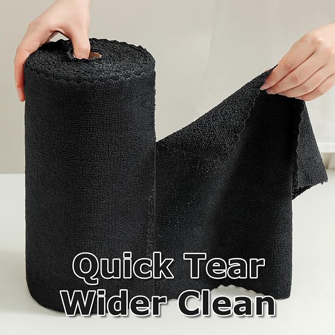 80 Pack Microfiber Cleaning Cloth Roll Reusable Paper Towels 12"x12" Black Tear Away Cloth, Microfiber Towels for Cars, Wash Cloths, Lint Free Rags for House, Kitchen,Window,Cleaning Supplies