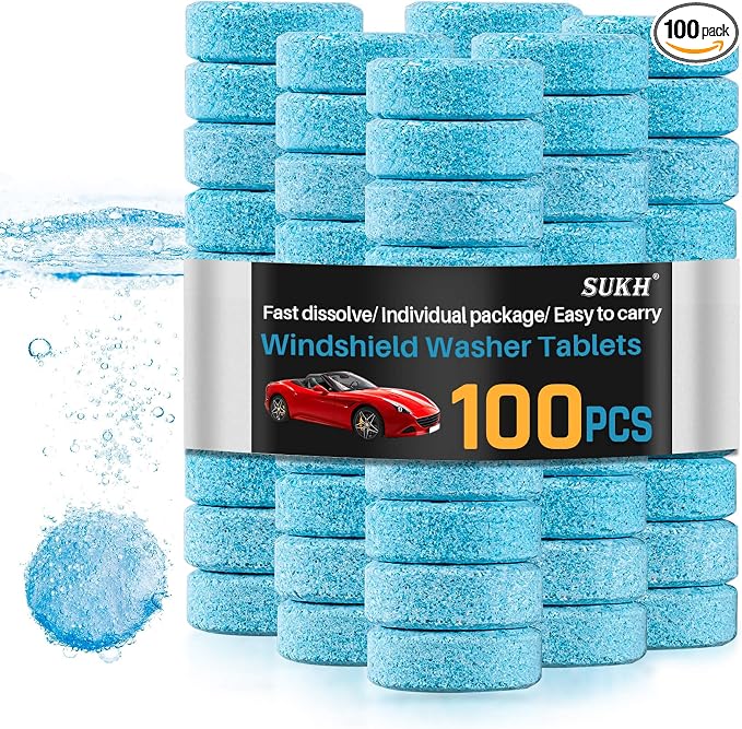 Sukh Car Windshield Washer Tablets - Washer Fluid Tablets Glass Cleaner Concentrate Car Windshield Wiper Fluid Car Windshield Cleaner Automotive Glass Cleaner | 100pcs Windshield Wiper Fluid Concentrate Tablet for Automotive, Window, Glass Cleaning, Cl...