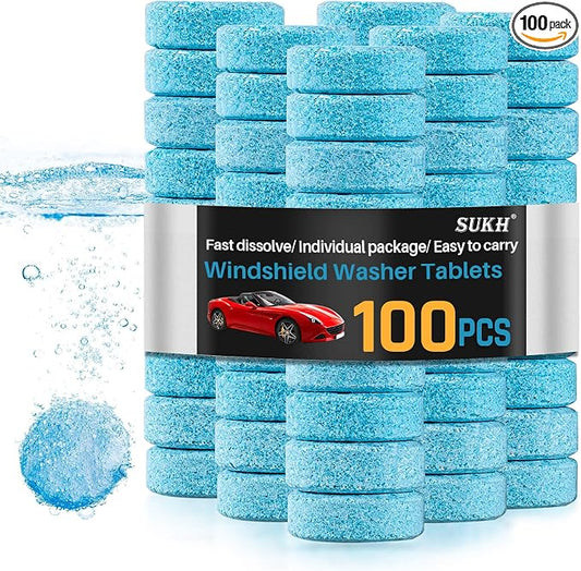Sukh Car Windshield Washer Tablets - Washer Fluid Tablets Glass Cleaner Concentrate Car Windshield Wiper Fluid Car Windshield Cleaner Automotive Glass Cleaner | 100pcs Windshield Wiper Fluid Concentrate Tablet for Automotive, Window, Glass Cleaning, Cl...