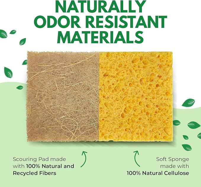 AIRNEX Natural Kitchen Sponges Pack of 18 - Biodegradable Cellulose and Coconut Husk Walnut Scrubbers - Odor Free Non Scratch - Eco Friendly Quick Drying Dishwashing Sponges