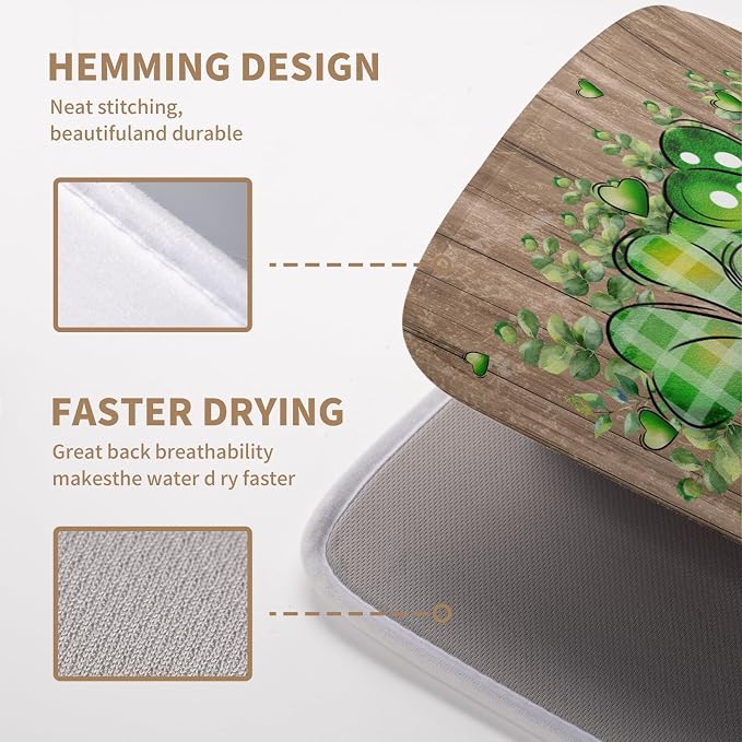 St Patricks Day Wooden Plank Shamrock Drying Mat for Kitchen Counter St Patrick Eucalyptus Leaves Clover Dish Drainer Mats Absorbent Microfiber Dishes Pad Reusable Washable Dry Mat 16x18 Inch