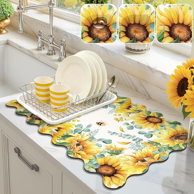 LOKHOM Scalloped Floral Dish Drying Mat, 12"x20" Super Absorbent Coffee Mat with Watercolor Yellow Sunflowers, Cuttable Hide Stain Non-slip Drying Mat for Kitchen Counter Coffee Maker Espresso Machine