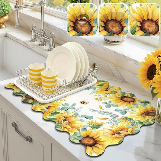 LOKHOM Scalloped Floral Dish Drying Mat, 12"x20" Super Absorbent Coffee Mat with Watercolor Yellow Sunflowers, Cuttable Hide Stain Non-slip Drying Mat for Kitchen Counter Coffee Maker Espresso Machine