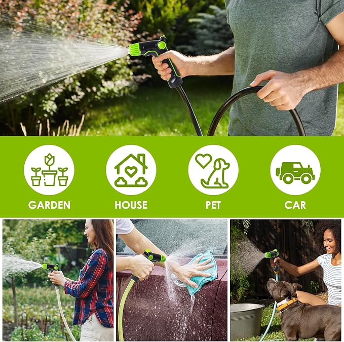 Garden Hose Nozzle with High Pressure, 100% Heavy Duty Metal High Pressure Hose Nozzle with 4 Spray Patterns, Thumb Control On Off Valve for Lawn， Plant Watering, Washing Car,Washing Pet and Home Use