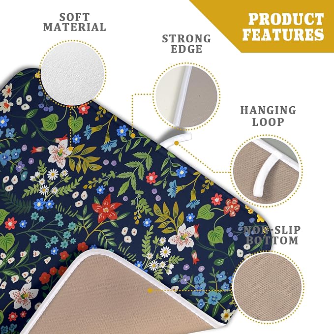 Flower Floral Dish Drying Mat Microfiber Navy Blue Absorbent Drying Pad for Kitchen Counter Small