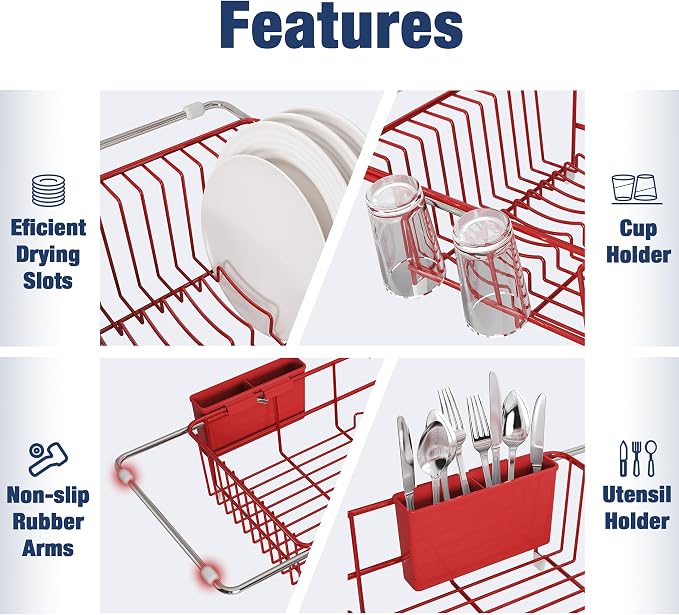 JASIWAY Red Dish Drying Rack in Sink, Expandable Stainless Steel Dish Drainers with Drainboard for Kitchen Counter, Space Saving Dish Dryer Rack, Over The Sink Dish Racks with Utensil Holder