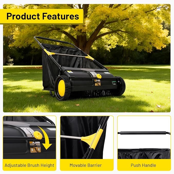 21 Inch Push Lawn Sweeper, Hand Powered Leaf & Grass Sweeper with 7 Cu Ft Hopper, 4 High-Speed Brushes, Height Adjustable, ABS & Steel Frame for Yard Lawn Cleanup (21 Inch Black)