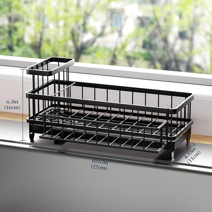 Consumest Sponge Holder for Kitchen Sink - Auto Draining Sink Caddy Organizer with Detachable Rack, High Brush Holder, Kitchen Countertop Storage Accessories, Black-Large