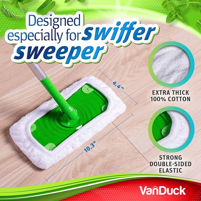 VanDuck Reusable 100% Cotton Mop Pads for Swiffer Sweeper (8-Pack) | Mop not included, reusable terry cloth mop covers, cotton replacement refills, machine washable wet mopping pads
