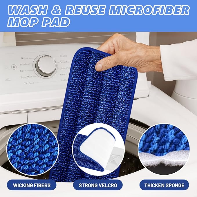 HOMTOYOU Microfiber Flat Mop with Sprayer: Spray Mop with 4 Washable Pads | Cleaning Multi-Surface Floors, 1Pcs 400+ML Refillable Bottle, Wet Dry Use, 360° Swivel Head, White