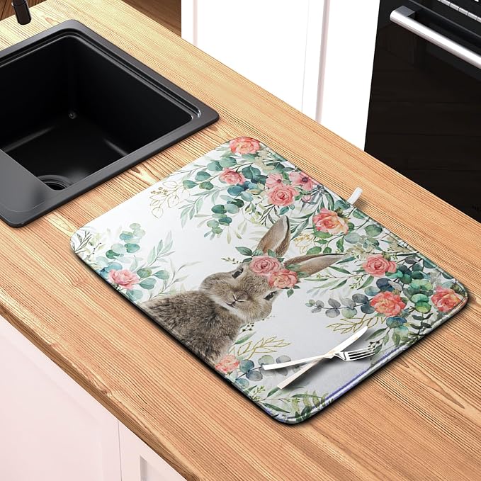 Easter Rabbit Dish Drying Mats for Kitchen Counter Easter Spring Watercolor Floral Bunny Absorbent Dish Drying Mat 18x24 Inch Absorbent Reversible Reusable Washable Dishes Drainer Mats