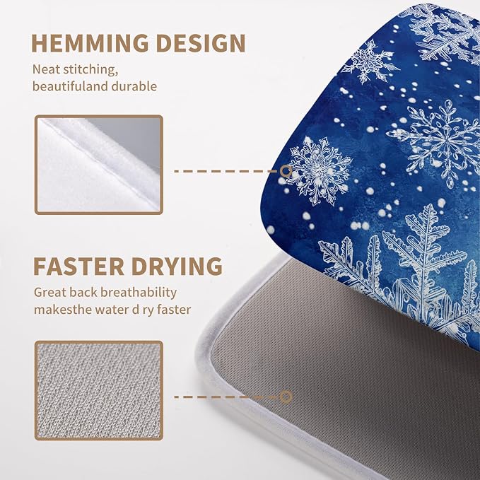 Winter Blue Snowflake Dish Drying Mat for Kitchen Counter Merry Christmas Snowflakes Drying Mats Xmas Holiday Dish Draining Mat Microfiber Absorbent Dish Drainer Rack Pad 16x18 Inch