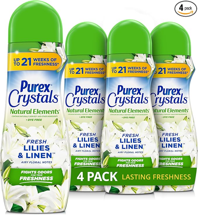 Purex Crystals In-Wash Scent Booster, Natural Elements, Fresh Lilies & Linen, 21 oz (Pack of 4), Long-Lasting Freshness & Odor Elimination Technology