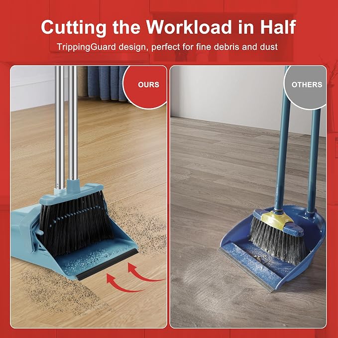 Tiumso Upgrade Broom and Dustpan Set, Broom with Dustpan Combo Sets, Large Brooms and Dust Pan with Handle, Self-Cleaning Dust Pans, Heavy Duty Broom and Dustpans Set for Lobby Kitchen Office - Green