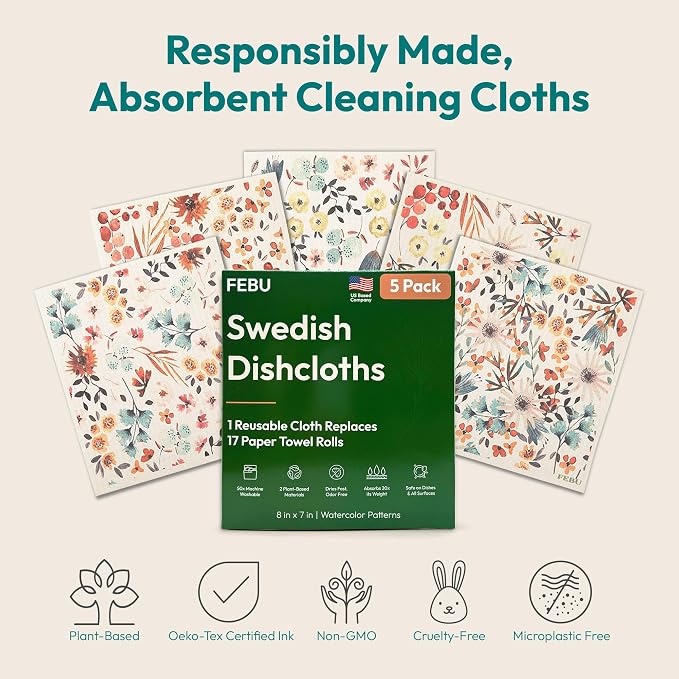 FEBU Swedish Dishcloths for Kitchen | 5 Pack Vintage Kitchen Reusable Paper Towels Washable | Swedish Dish Towels | Non-Scratch Cellulose Sponge Cloths | No Odor, Biodegradable Cleaning Cloths