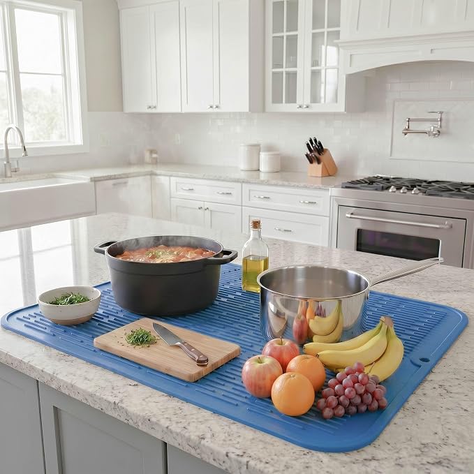 MicoYang Silicone Dish Drying Mat for Multiple Usage,Easy clean,Eco-friendly,Heat-resistant Silicone Mat for Kitchen Counter or Sink,Refrigerator or Drawer Liner Lichen BlueL 2XL 24 inches x 18 inches