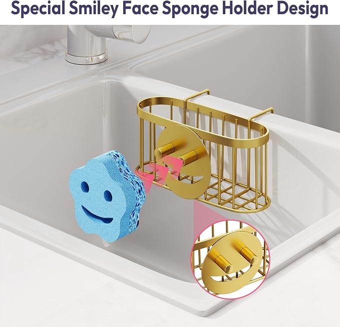 SWTYMIKI Sponge Holder for Kitchen Sink - Movable Sink Caddy with Smiley Face Sponge Holder, Rustproof Hanging Sponge Organizer in Double Bowl Sinks Depth>3.15in, Middle Divider<1.5in, Gold